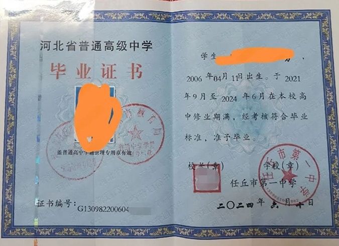 广元任丘市第一中学高中毕业证样本图片